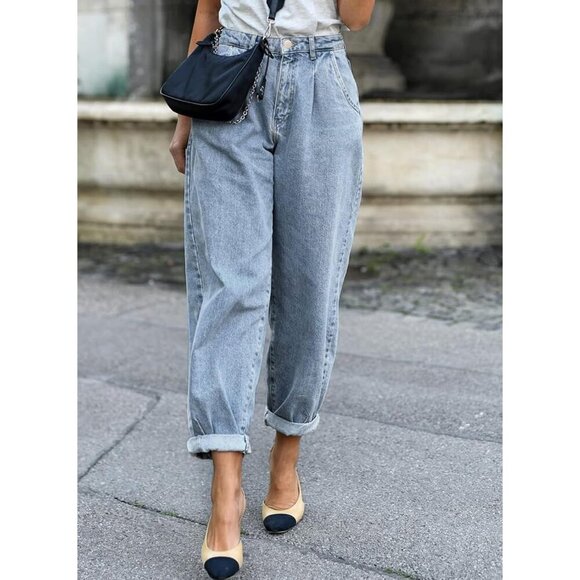 Women’s High Waisted Baggy Denim Jeans Cropped Loose Fit Casual Pants - Picture 5 of 6